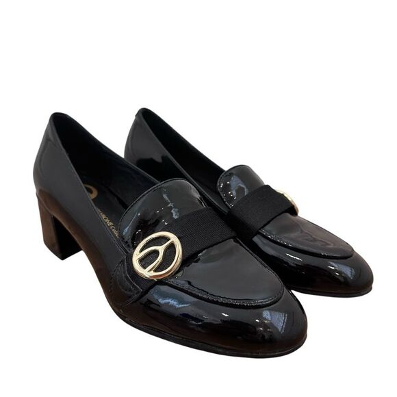 The Wishbone Collection Black Patent Block Heel Gold Embellished Loafer Size 6.5 - Picture 1 of 8